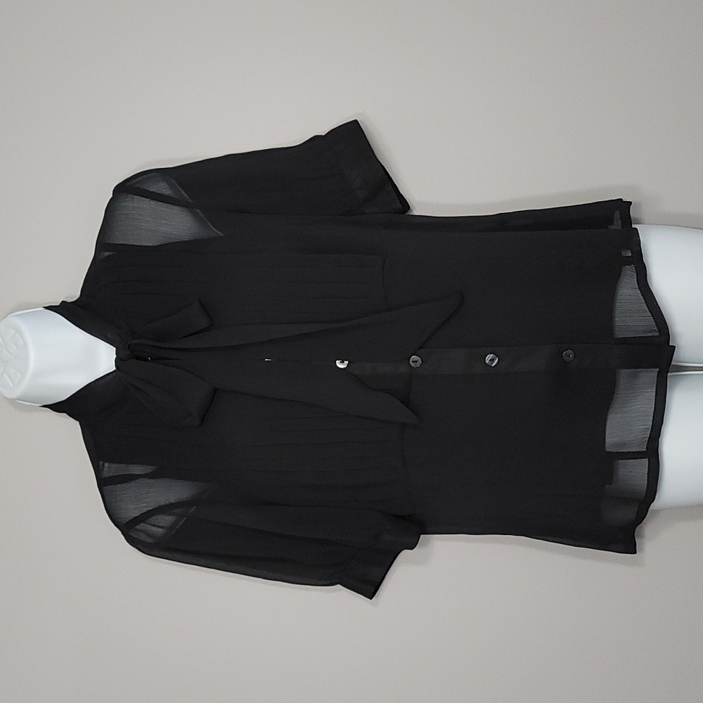 Sheer Button-down Bow Blouse, Size Petite Medium